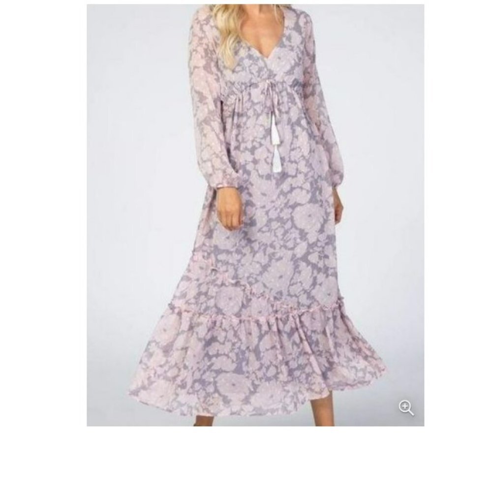 Lovestitch Gray Purple Floral Chiffon Swiss Dot‎ Puff Sleeve Maxi Dress Size S